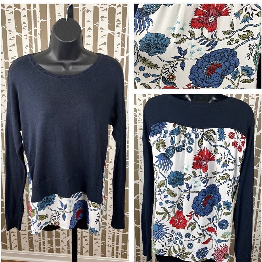 LOFT navy blue sweater with floral printed back panel sz XS